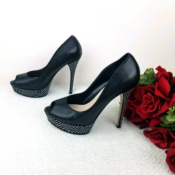 Aldo Platform Stiletto Pumps Size 8.5 Black Leather Rhinestones Peep Almond Toe - Picture 15 of 16